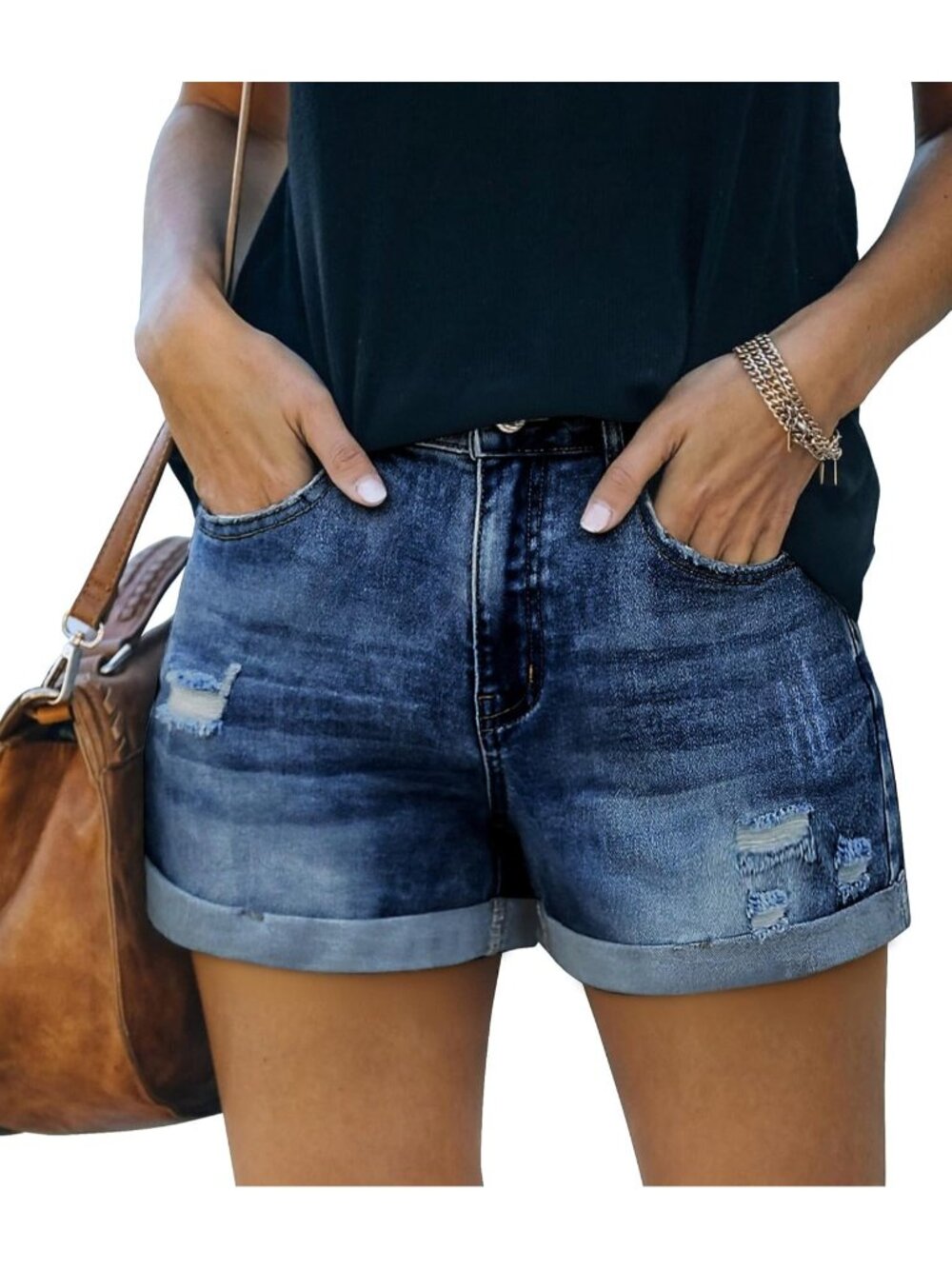 〽️Women's Jeans Shorts Dark Buel Mid Rise Stretchy Folded Hem Summer Comfort